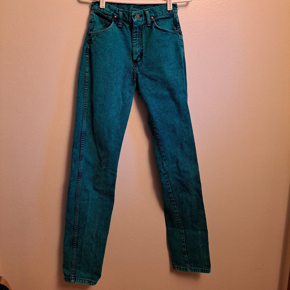 Vintage 1980s Wrangler High-Waisted Teal Acid-Wash Denim Jeans - Picture 4 of 9